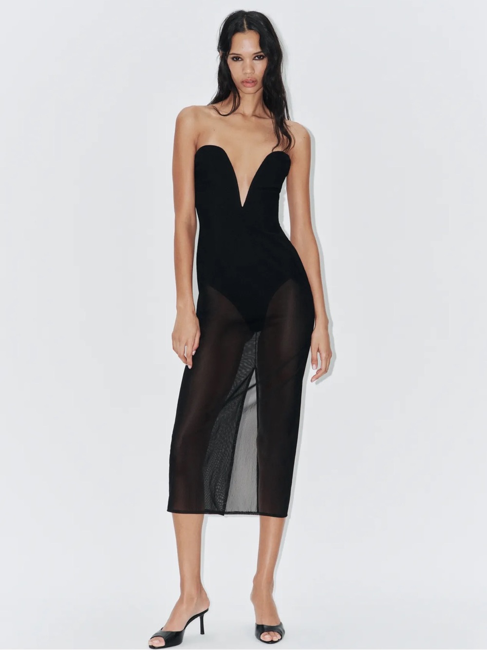 NWT Zara Tulke Bodysuit Strapless Black Sheer Midi Dress